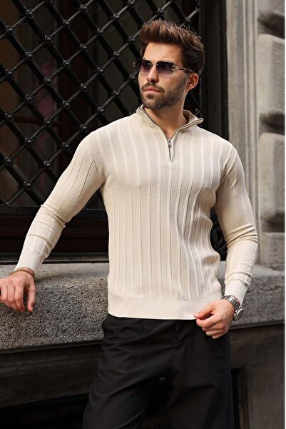 Madmext Stone Color Slim Fit Stand Collar Zippered Men's Knitwear Sweater E7518
