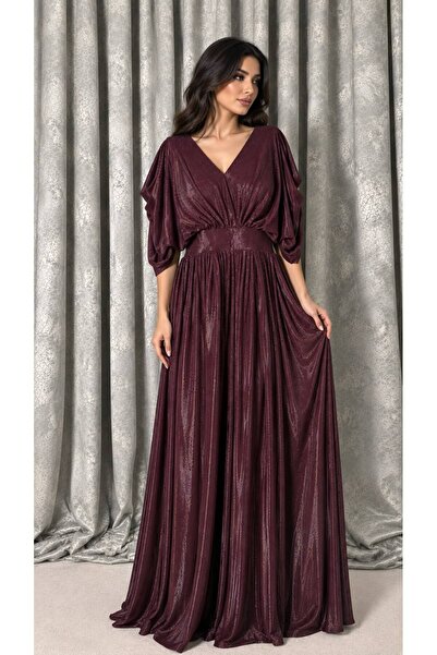 ELORA FASHION فستان سهرة طويل لامع بأكمام واسعة وخصر محدد.