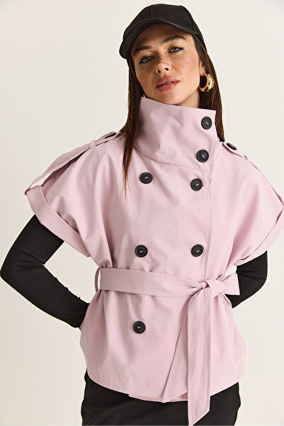 Bianco Lucci Women's Pink Stand Collar Epaulet Detailed Belted Short Sleeve J...