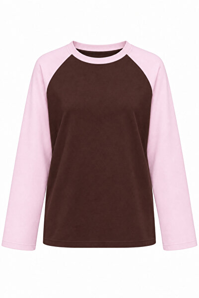 Mixray 2242 Reglan Uzun Kollu Çift Renk Bisiklet Yaka T-Shirt Pembe