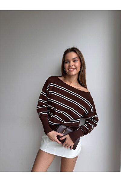 LAMİFUSTORE Women's Striped Boat Neck Oversize Knitwear Sweater (Comfortable ...