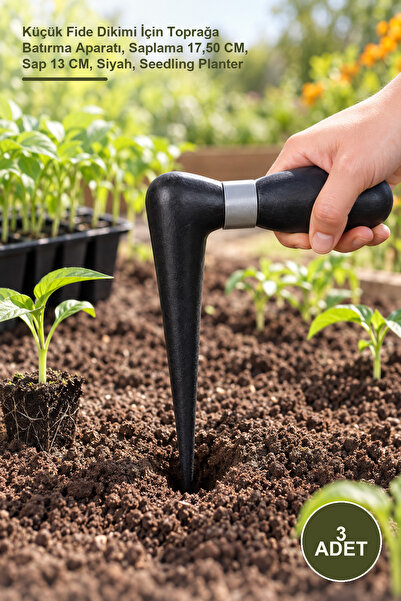 3 Adet Fide Dikme Aparatı – Küçük Fide Dikimi İçin Toprağa Batırma Aparatı, Saplama 17,50 CM, Sap 13 CM, Siyah, Seedling Planter