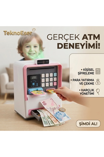 TeknoEser Şifreli Ve Kartlı Çocuk ATM Kumbara - Sesli Şifre Korumalı Kağıt Ve...