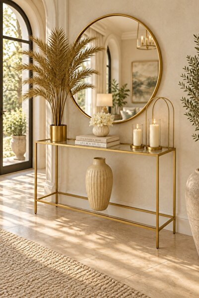 Teknor Şeffaf Camlı Gold Metal Konsol 100 cm Modern Salon Dresuarı