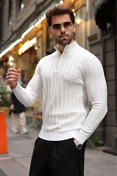 Madmext White Slim Fit Judge Collar Zippered Men's Knitwear Sweater E7518