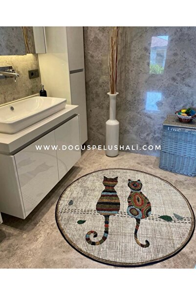 Doğuş Peluş Halı Lisbon Kedi Desenli Dekoratif Kilim Yuvarlak