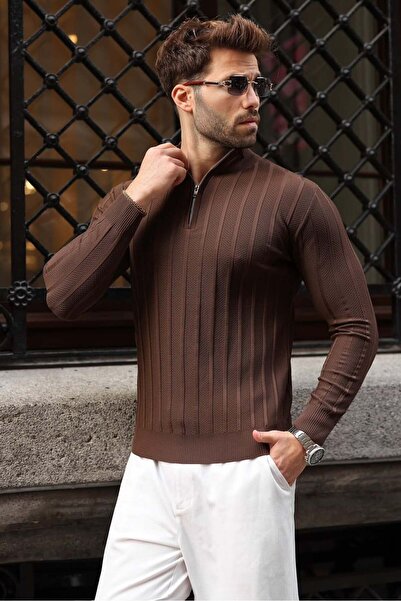 Madmext Brown Slim Fit Judge Collar Zippered Men's Knitwear Sweater E7518