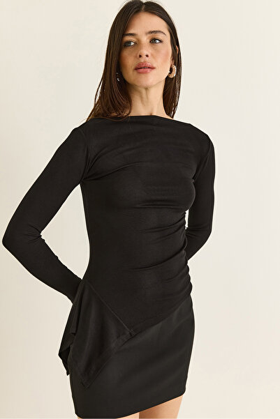 Bianco Lucci Women's Black Boat Neck Draped Asymmetrical Long Sleeve Modal Bl...