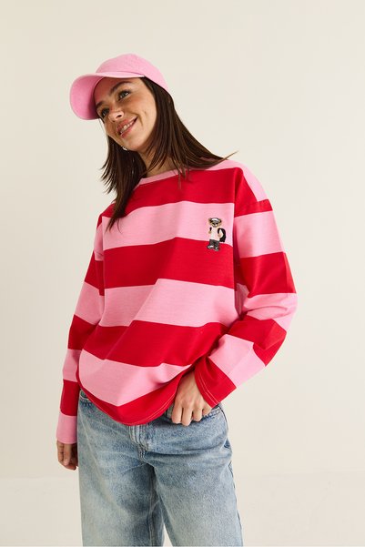 Bianco Lucci Women's Pink-Red Striped Oversize Sweatshirt with Embroidery Detail 6206 60286534