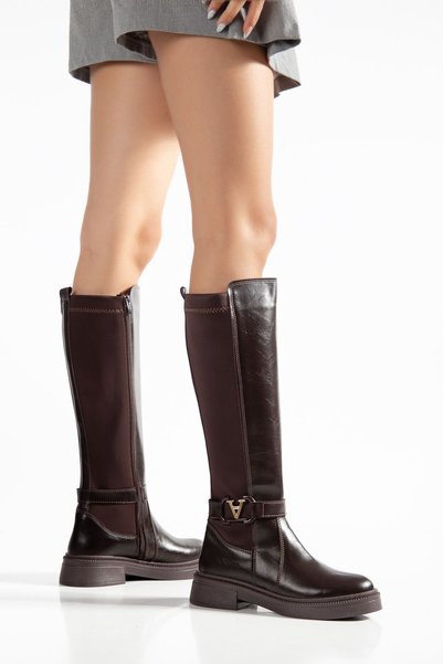 Hayalimdeki Ayakkabı Women's Brown Leather - Diving Buckle Detailed Boots