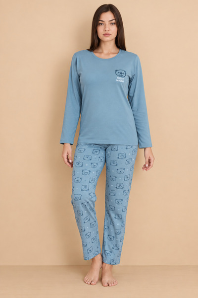 Serena Pijama damă albastru deschis, bluză „Cute” cu ursuleț cu imprimeu ursu...