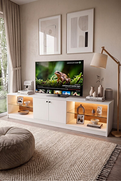 Yurudesign Yoda Temperli Cam Raflı Neon Led Işıklı 200cm Tv Ünitesi Tv Sehpas...