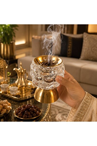 Generic Brand مبخرة راقية بقاعدة حديد نحاسي ورأس زجاج محبب – لمسة فاخرة للديكور