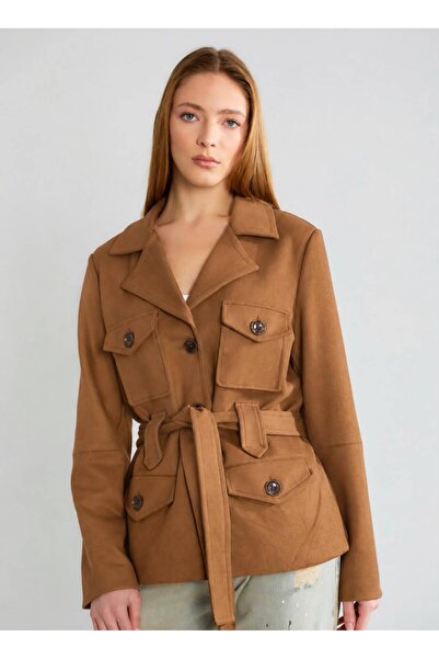 HOPEFUL DESİGN Women's Suede Belted Tan Color Trench Coat with Pocket Detail