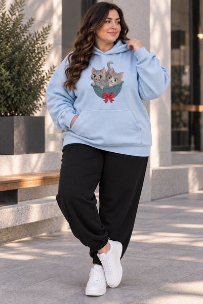 Rubonia Women's Plus Size Cat Printed Hooded 2-Piece Tracksuit Set Oversize C...