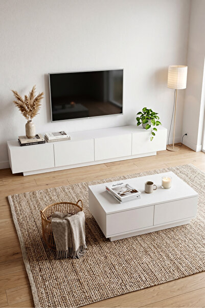 Yurudesign Yoda 200cm Tv Ünitesi Orta Sehpa 2'Li Set Beyaz YD26-W