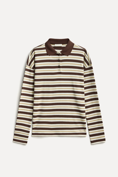 Mudo Women's Brick Red Striped Polo Collar Sweatshirt