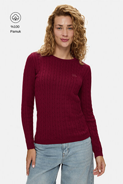 UCLA SHANU Bordo Bisiklet Yaka %100 Pamuk Nakışlı Standard Fit Kadın Triko