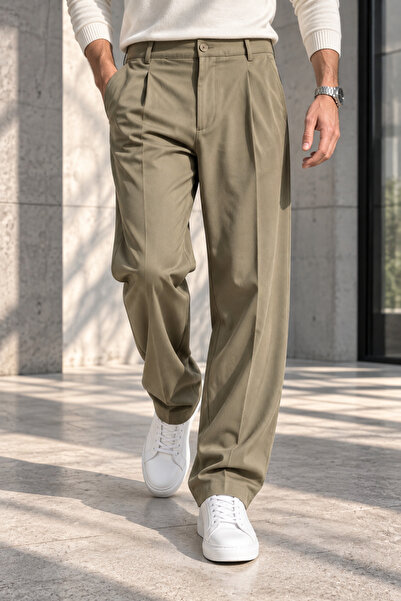 1434 Polo State Men's Lycra Pleated Baggy Fit Trousers - Khaki