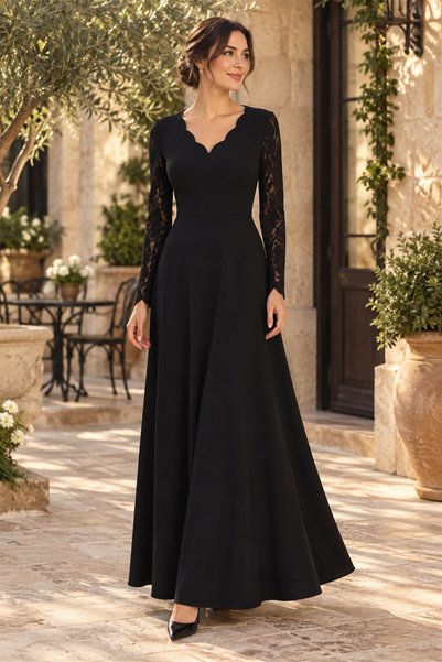 moda wanilia Kadın Uzun Kollu Dalgalı V Yaka Dantel Kol Detaylı Janjan Krep Uzun Elbise