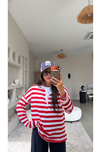 Buket Teke Red Striped Collared Slim Long Sleeve Basic