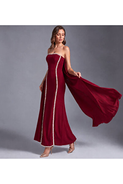 Generic Brand Red Crepe Evening Dress with Sequin Embroidery and Back Train