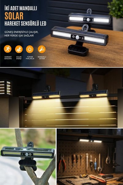 Buffer ® 2 Adet 36 LED Mandallı Solar Lamba, Güneş Enerjili, Hareket Sensörlü...