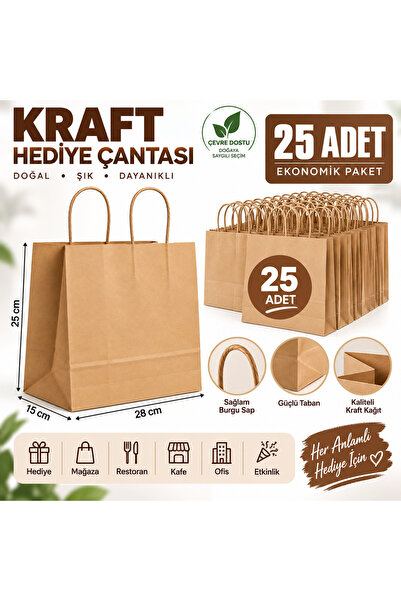 Genel Markalar Burgu Saplı Kraft Çanta 28x16 25 Adet
