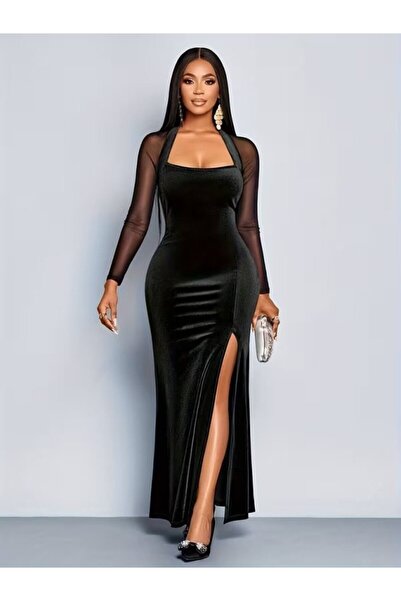 JANES Women's Long Sleeve Geometric Collar Tulle Detailed Slit Long Velvet Ev...