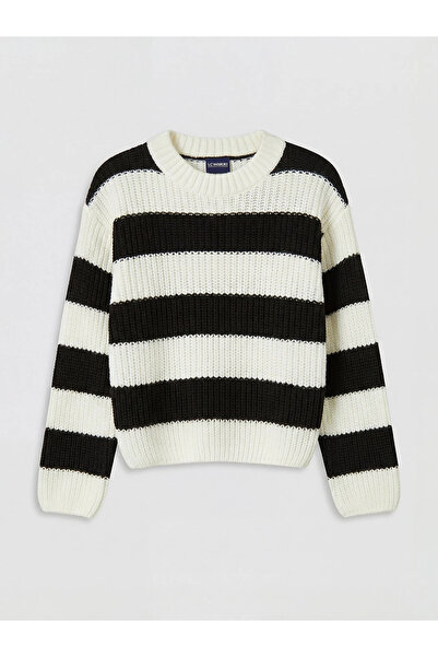 LC Waikiki Black Crew Neck Striped Girls' Knit Sweater