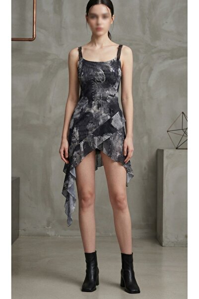 kadina Short Midi Blouse with Suspenders and Asymmetrical Design with Ruffle ...