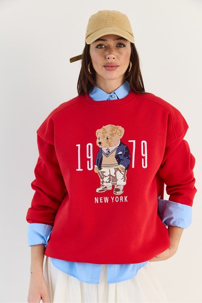 Bianco Lucci Kadın Kırmızı Bisiklet Yaka Teddy Nakış Detaylı Sweat 10417 60284066