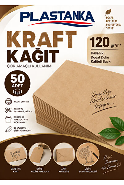 PLASTANKA A4 Kraft Kağıt 120 gr 50 Adet – Yazıcı Uyumlu Doğal Kraft Karton Ka...