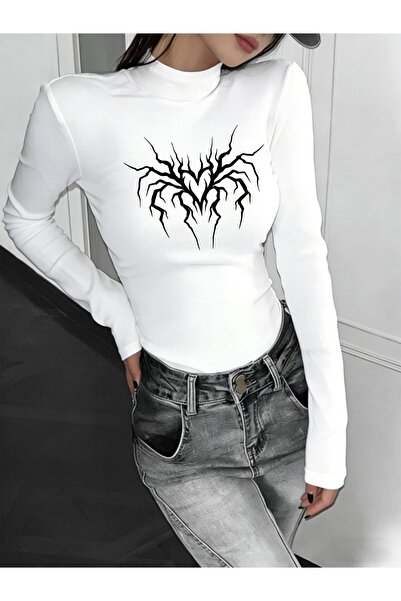 Toum Long Sleeve Gothic Graphic Printed Turtleneck Blouse Body