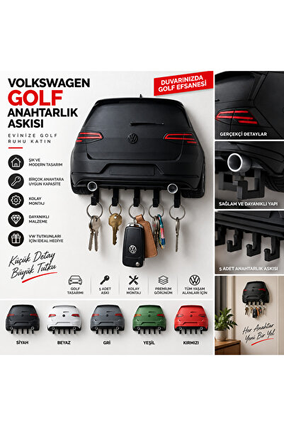 Volkswagen Golf 7 GTI Tasarımlı Duvar Anahtarlığı | 5 Askılı Dekoratif Anahtar Askısı | 3D Baskı
