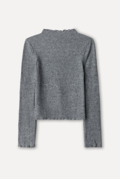 Mudo Women's Gray Melange Fitted High Neck Long Sleeve T-Shirt