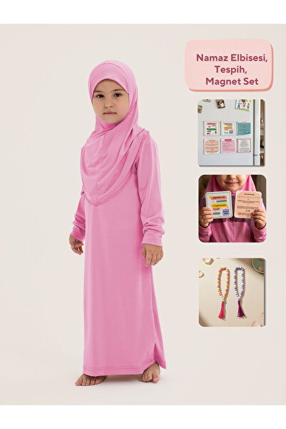 ALLNOORKİDS Islamic One-Piece Girls' Prayer Dress & Magnet Set