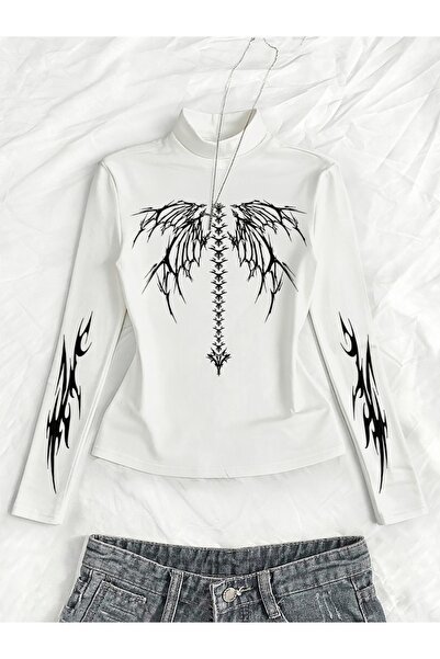 Toum Long Sleeve Gothic Graphic Printed Turtleneck Blouse Body