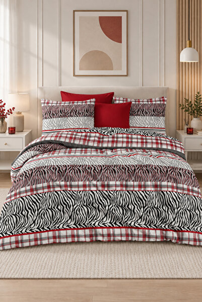 Karya Homes Çift Kişilik Nevresim Takımı | 200x230 cm | Lastiksiz Çarşaf | Zebra ve Ekose Desenli | Pamuklu Nevresim Seti