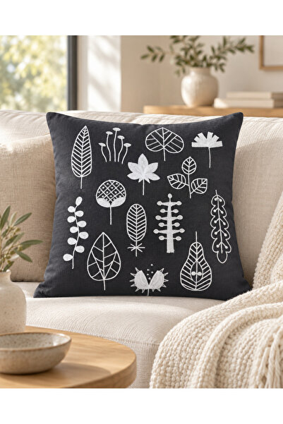 Antrasit Botanik Nakışlı Dekoratif Kırlent 40x40 cm – Modern Salon ve Koltuk Kırlenti