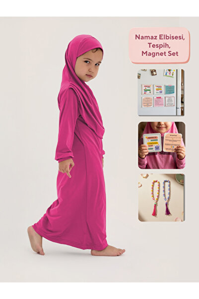 ALLNOORKİDS Islamic One-Piece Girls' Prayer Dress & Magnet Set