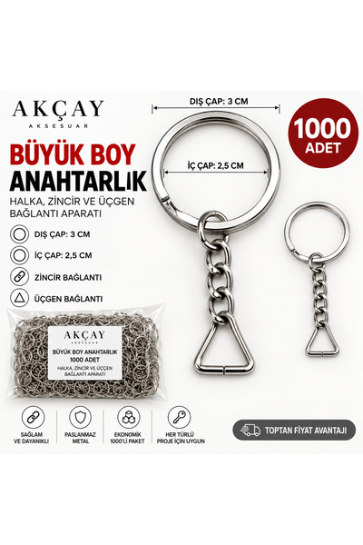 Akçay Aksesuar 1000’li Avantajlı Anahtarlık Halkası Üçgen Aparatlı Zincirli M...