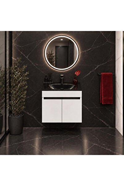 BENA Dandi Beyaz - Siyah Cam Lavabolu MDF Banyo Dolabı 60 CM