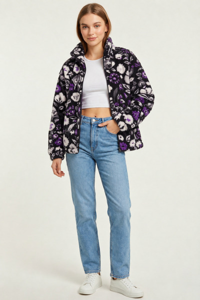 GENIUS STORE Kadın Peluş Tam Fermuarlı Cepli Sherpa Kuzu Kumaş Oversize Peluş Polar Sweatshirt