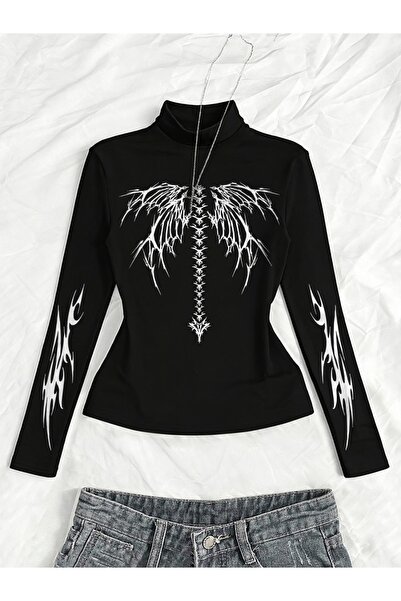 Toum Long Sleeve Gothic Graphic Printed Turtleneck Blouse Body