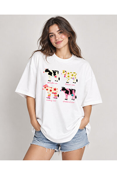 donamod Women'S/Unisex Animal Oversize Colorful Printed Basic White T-Shirt