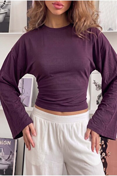 Teenage Millionaire Women's Plum Color Crew Neck Waist-Fitted Spanish Long Sl...