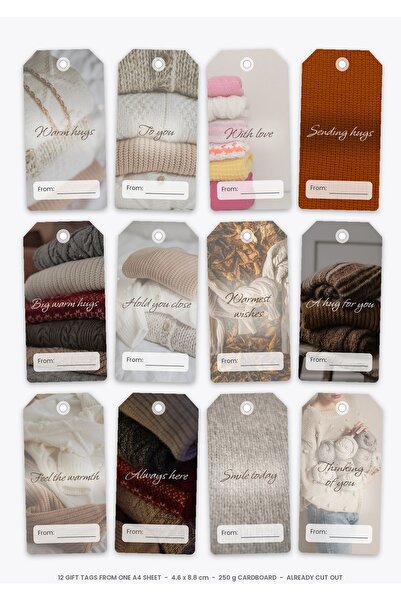 OEM Gift Tags Set Warm Hugs, 12 Cut Pieces, Cardboard 250g, A4