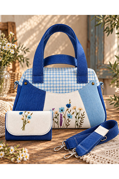 yaseminhandmade Derin Mavi El Nakışlı Denim Çanta ve Cüzdan Seti – Patchwork,...