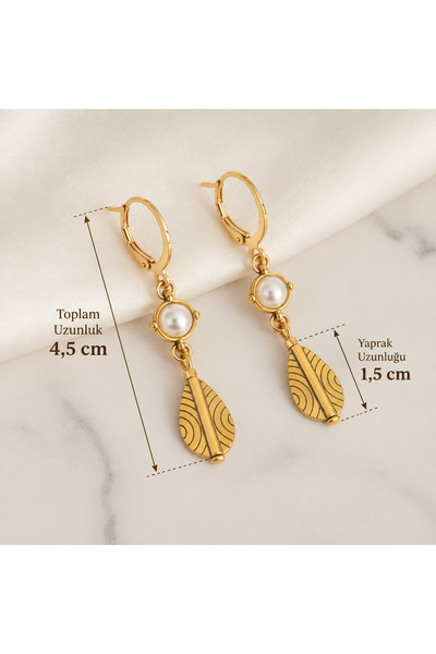 MODAYAŞAR Women's Gold Color Pearl Detailed Leaf Dangle Earrings